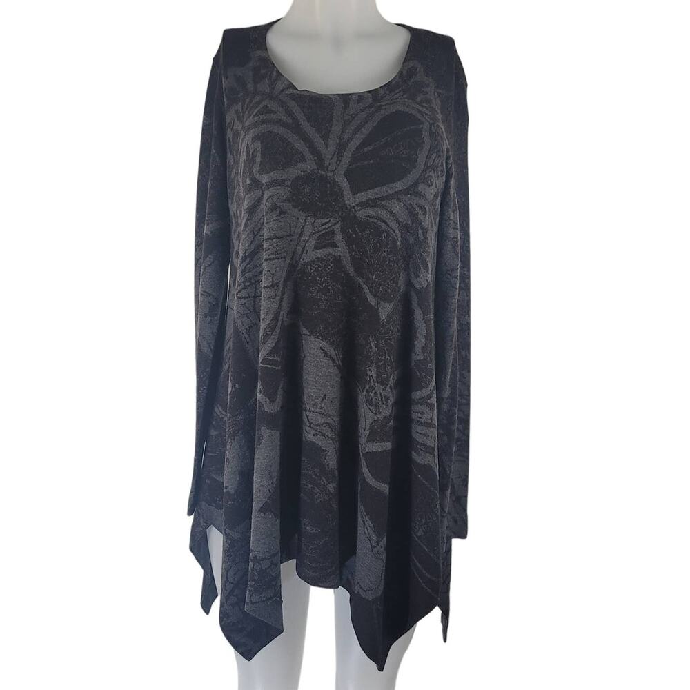 Soft Surroundings BlackGray Floral Long Sleeve Long Line Sweater M